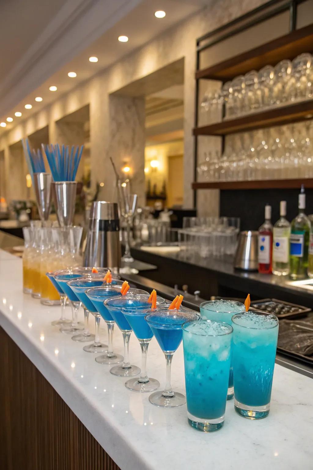 An assortment of blue cocktails poised to rejuvenate event attendees.