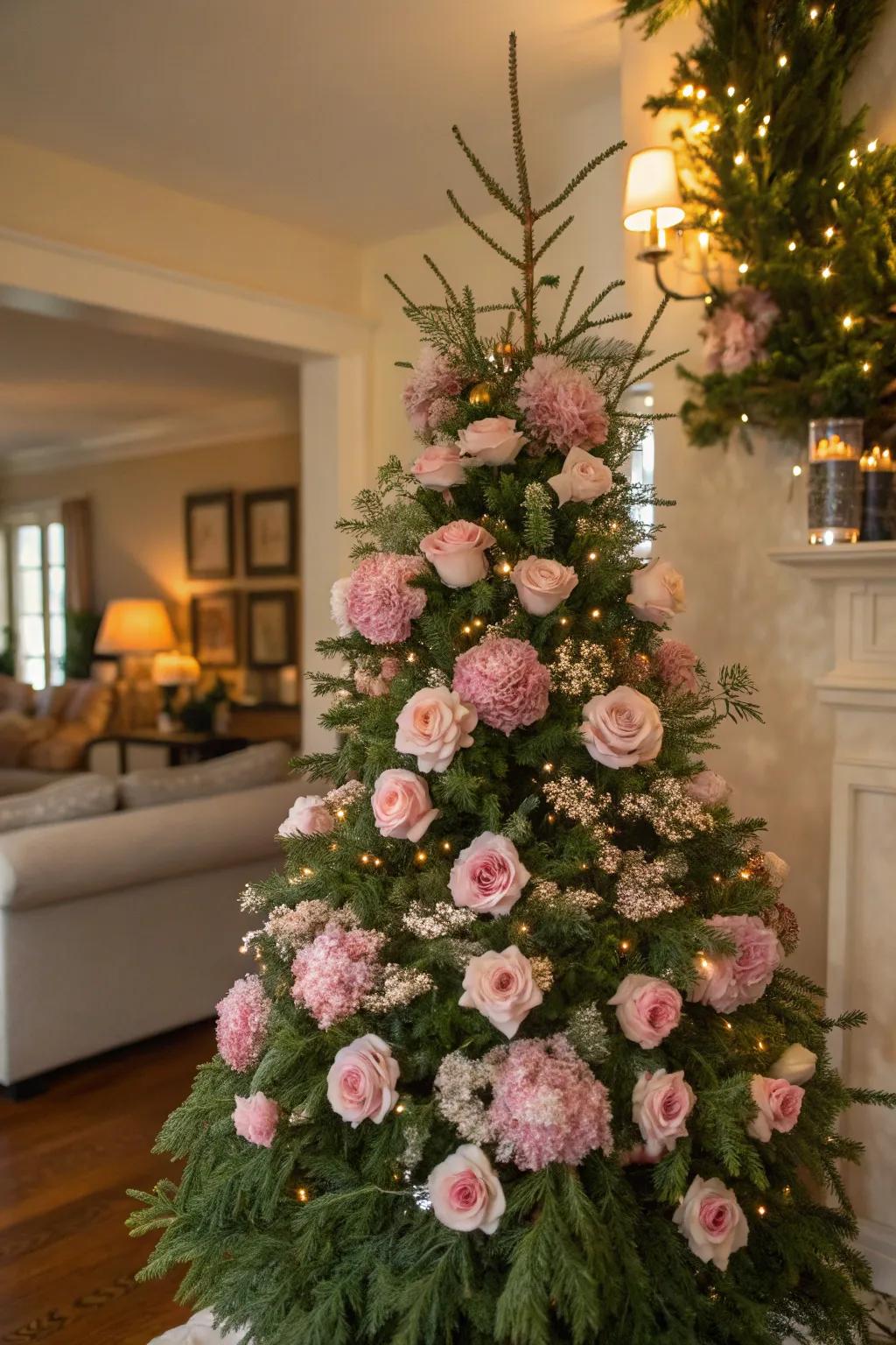 Delicate rose florals lend a romantic, fresh nuance.