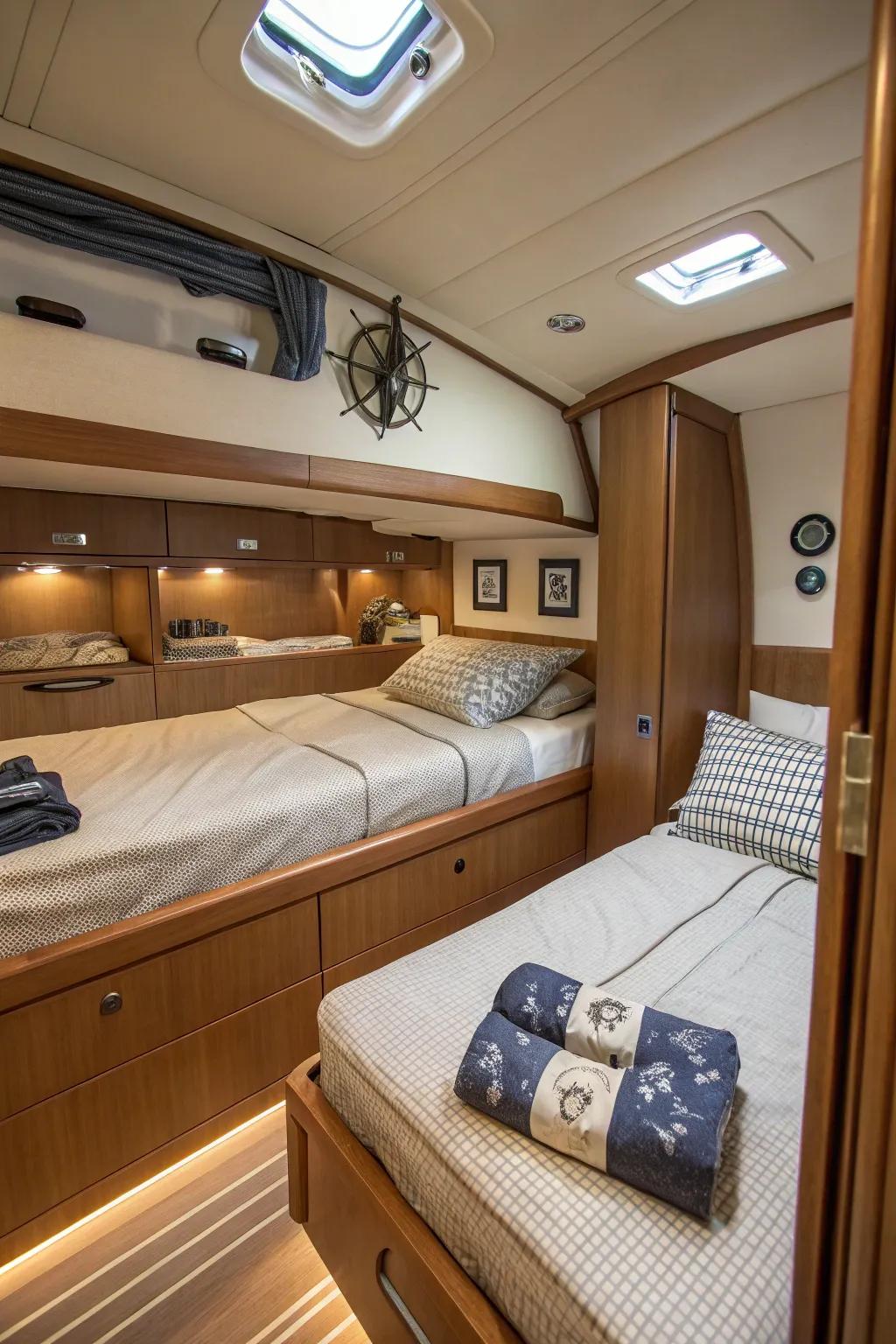 Bedding featuring built-in stowing solutions to keep a tidy cabin.