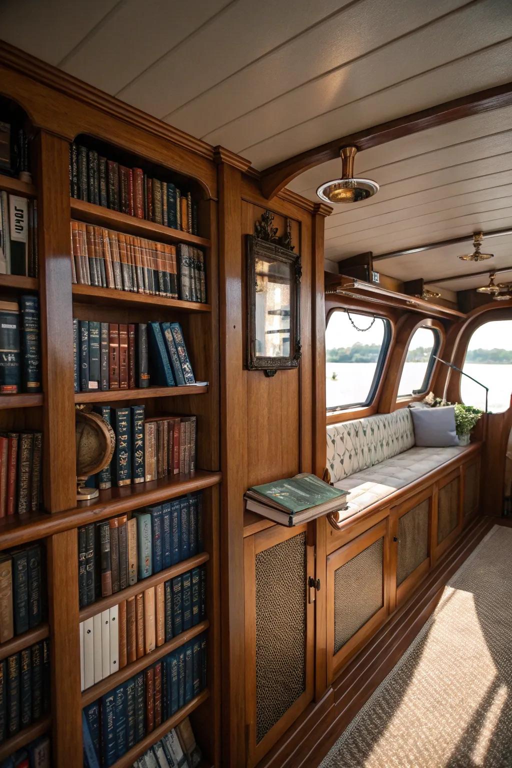 Integrated bookshelves in a boat's saloon brimming with nautical books.