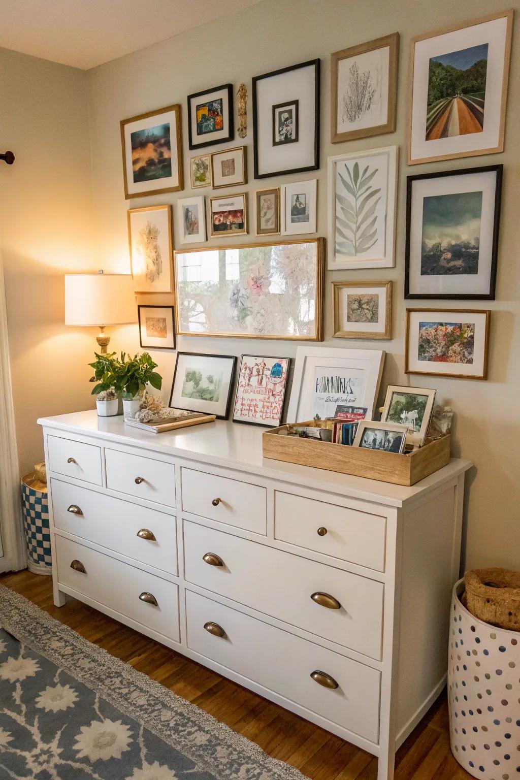 A gallery wall above the dresser infuses personality and style.