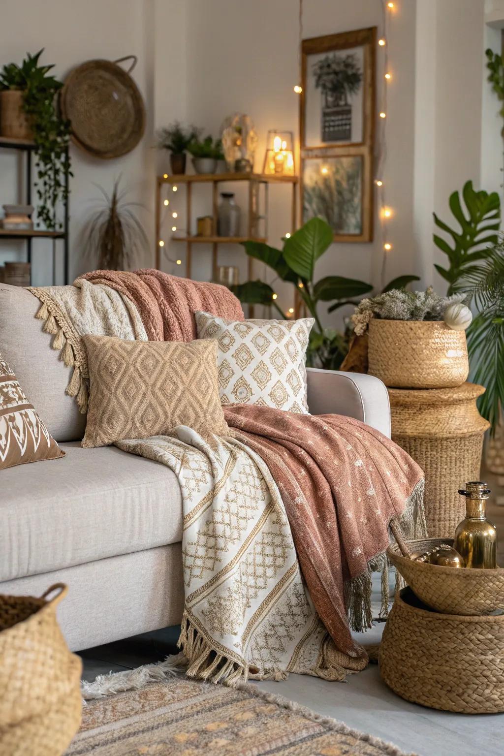 Textured blankets infuse warmth and solace into the boho glam space.