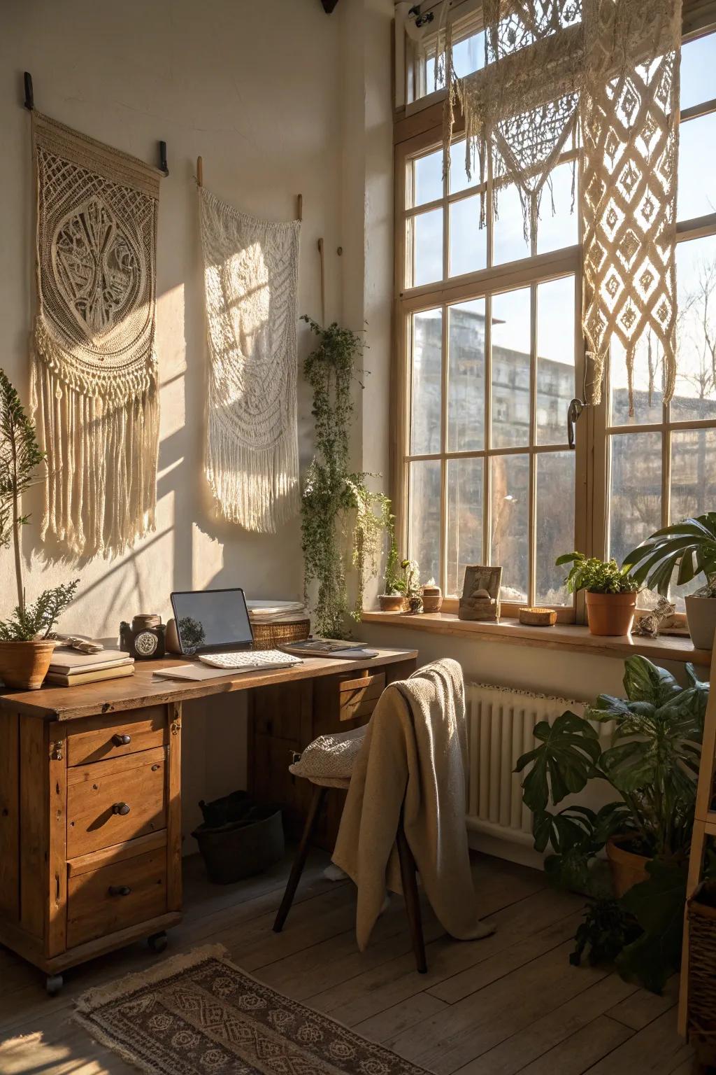 Knot art hangings add texture and a bohemian touch to the office.