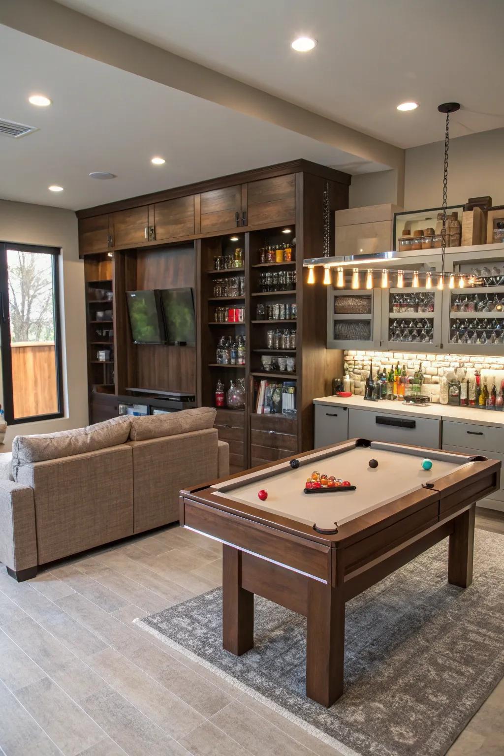 Maximize area with furniture that has multiple uses in your game room.