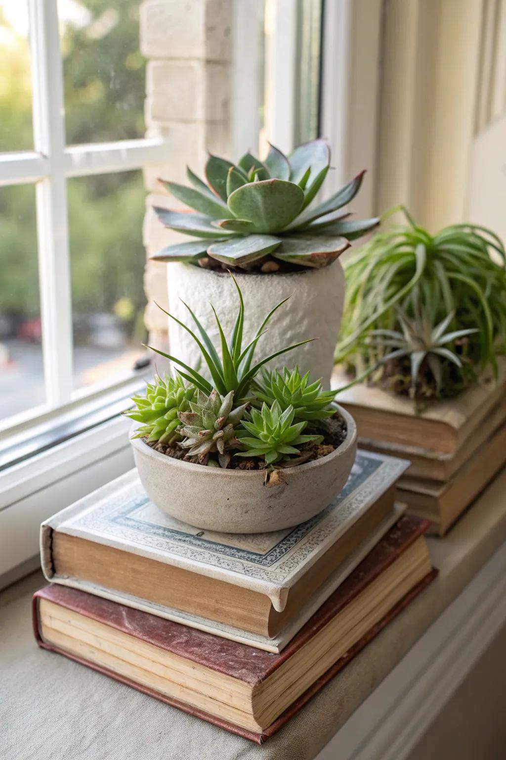 A miniature garden centerpiece brings life to a collection of books.
