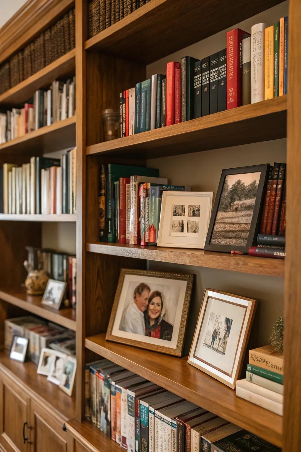 Bookshelves personalized with books and cherished items.