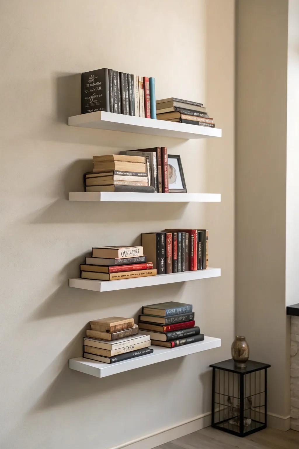 Floating shelves create a minimalist magic.