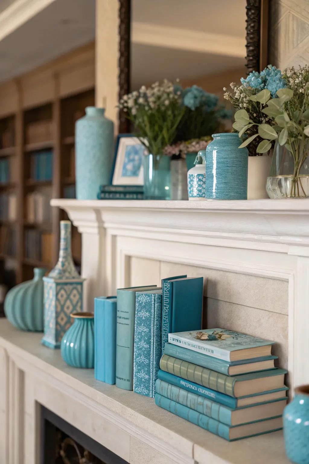 Coordinating colors creates a visually appealing mantel.
