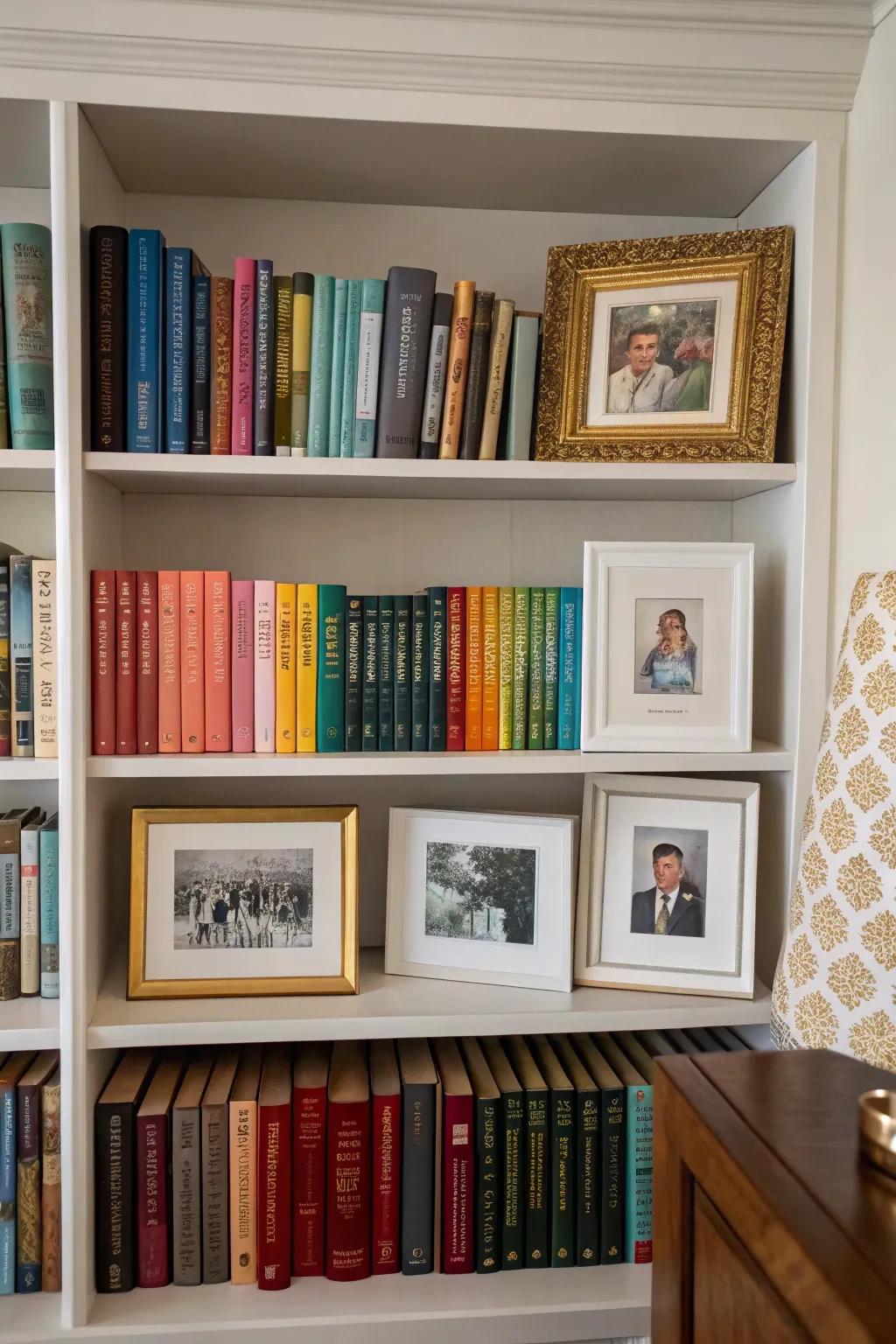Artistic pieces and photos contributing a personal impression to a shelf exhibit.
