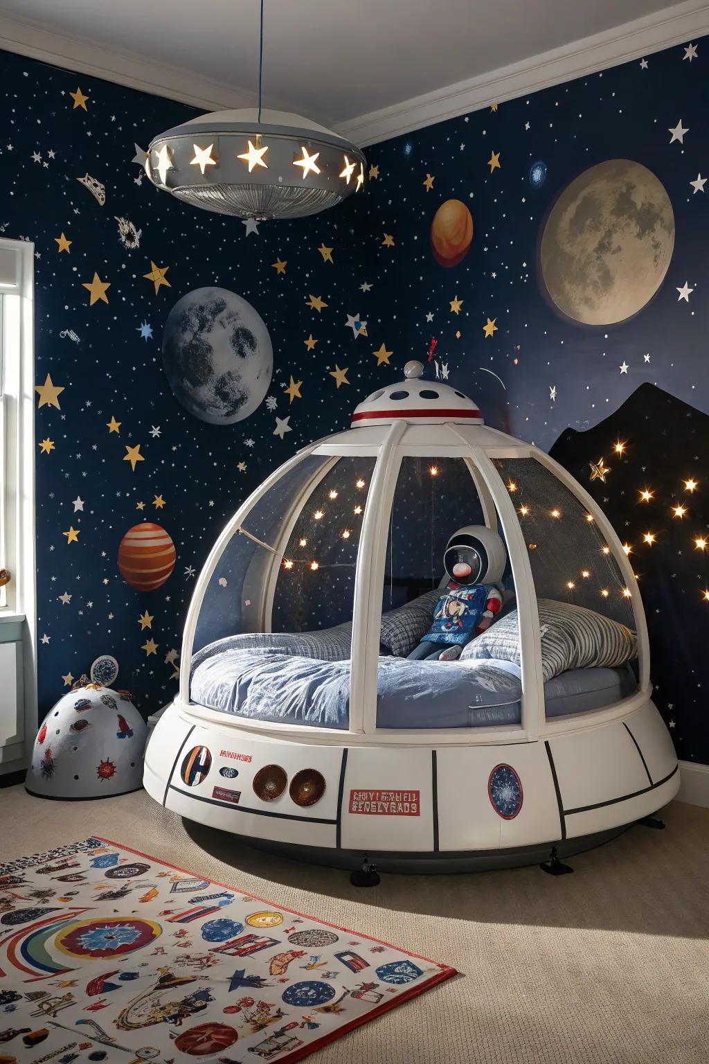 Blast off to slumber in an astronaut's capsule canopy bed.