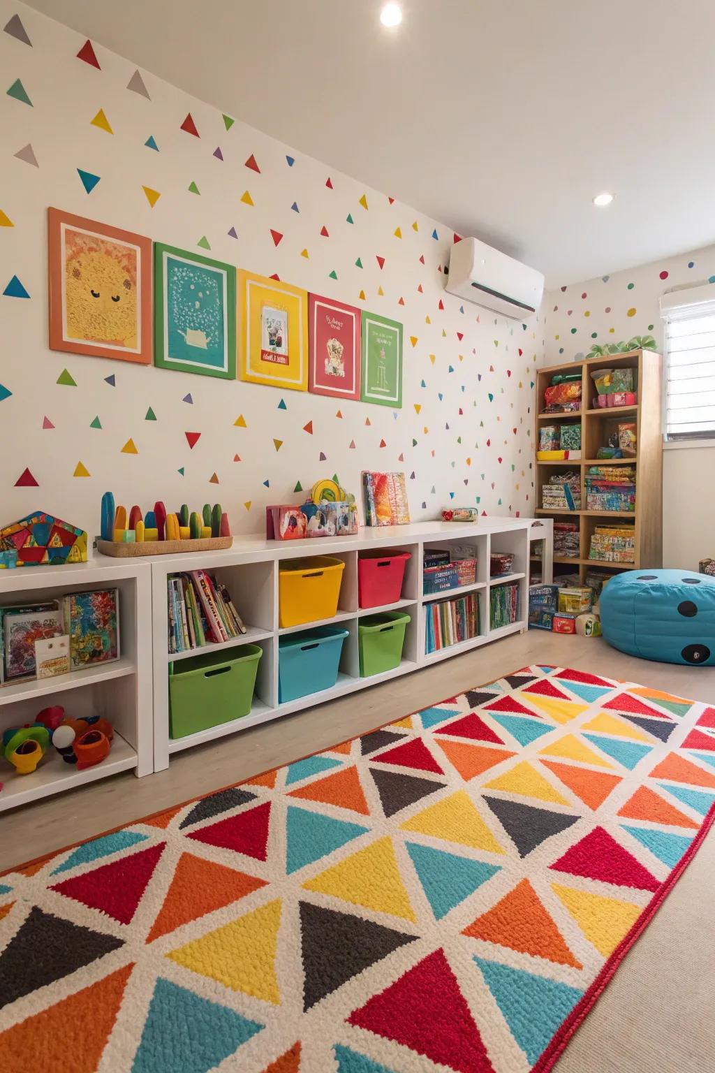 Strong colors coupled with patterns that create energy along with fun inside the playroom.