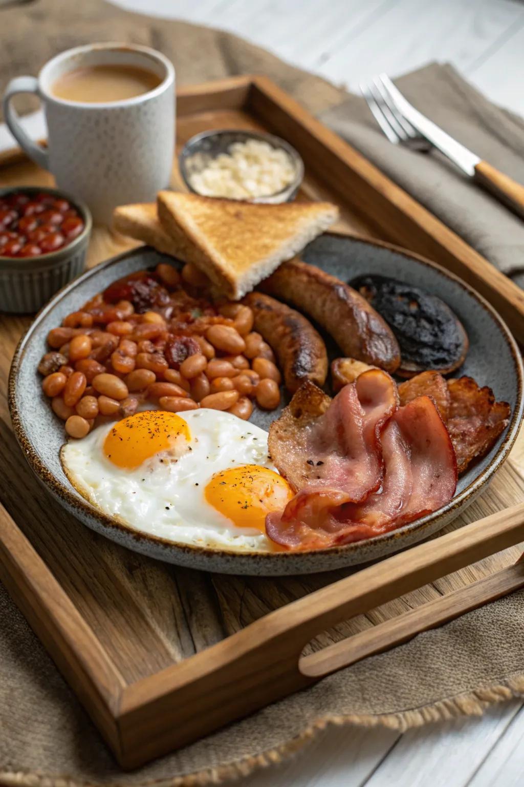 A traditional English breakfast provides a fulfilling and hearty meal.