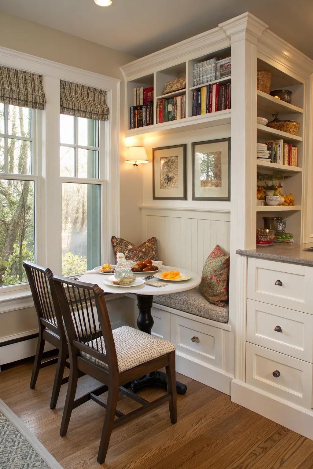 Hidden storage in seating keeps your nook tidy and organized.