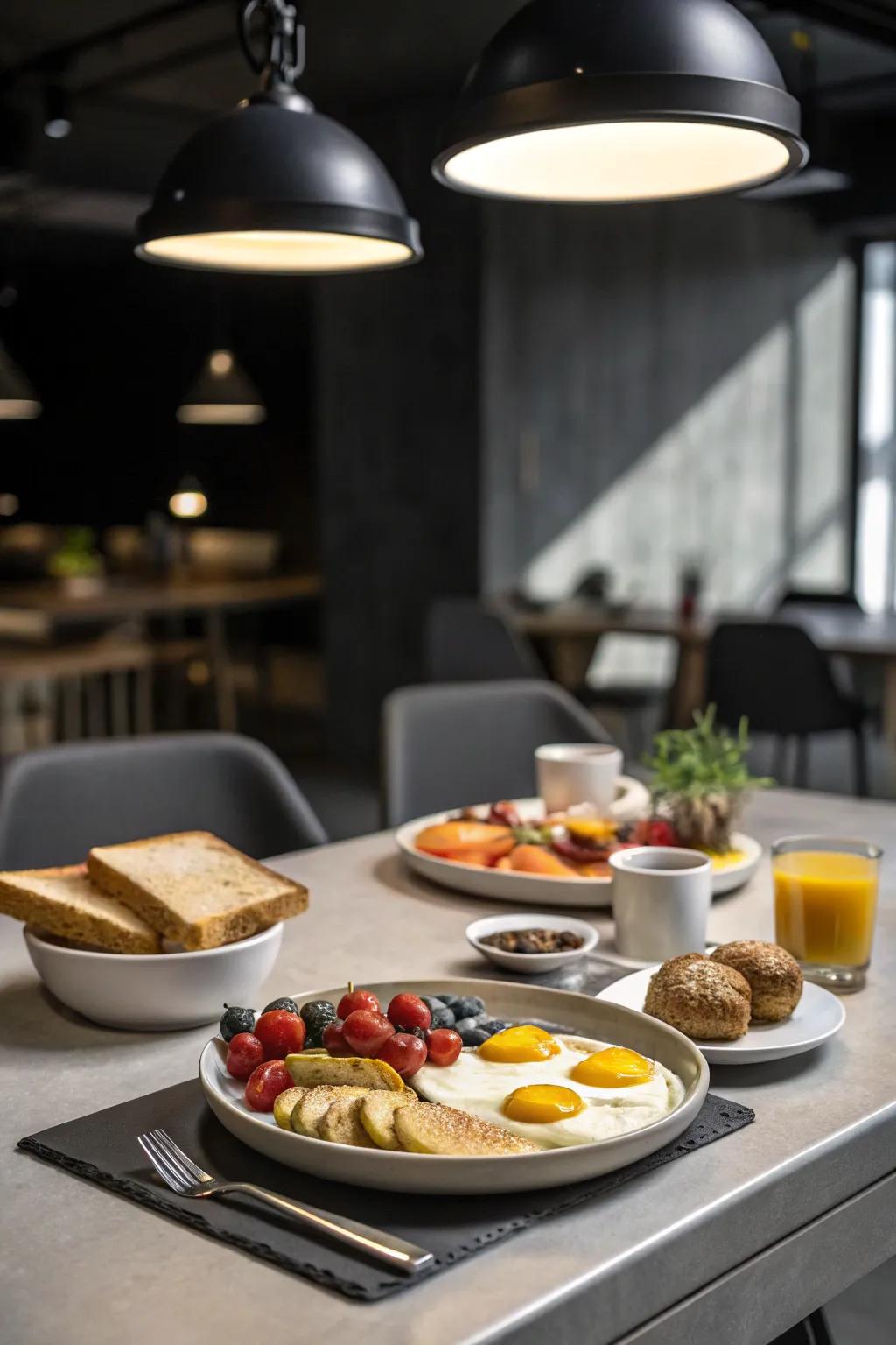 Production-style lighting infusing a modern sharpness into a breakfast table.