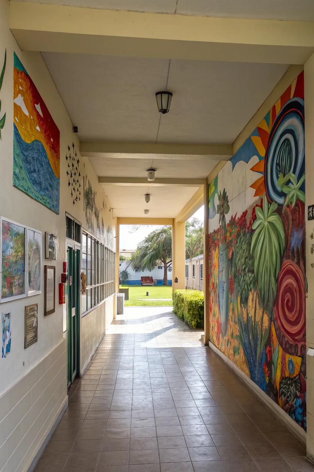 A vibrant art display that personalizes the breezeway.