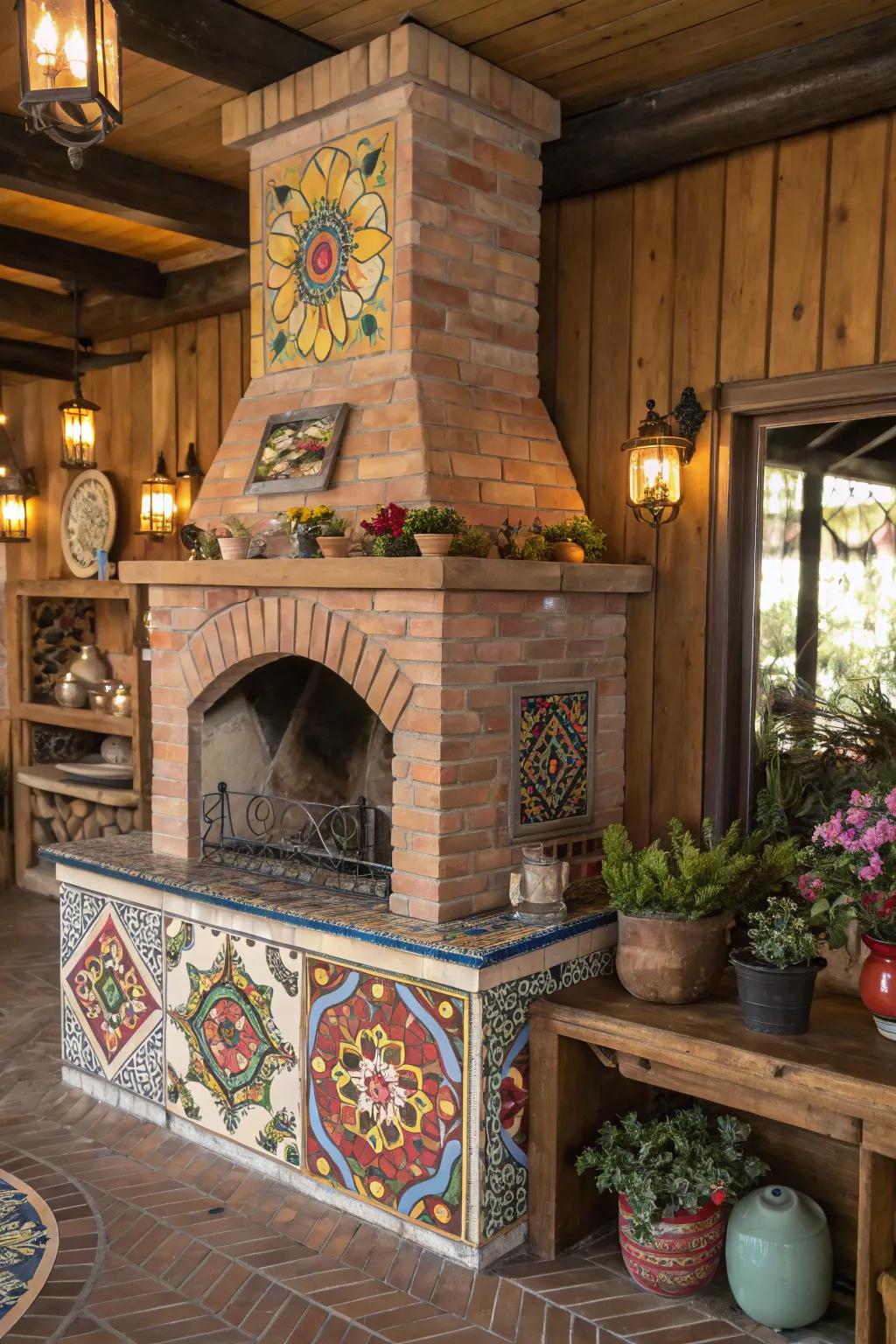 A brick hearth decorated with colorful mosaic tiles for an artistic touch.