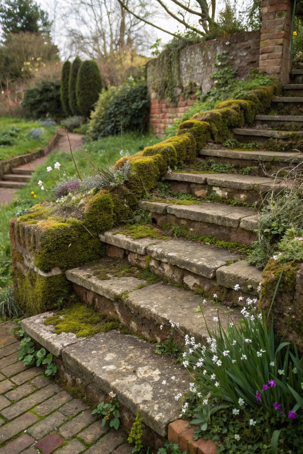Weathered brick steps radiating enduring appeal.