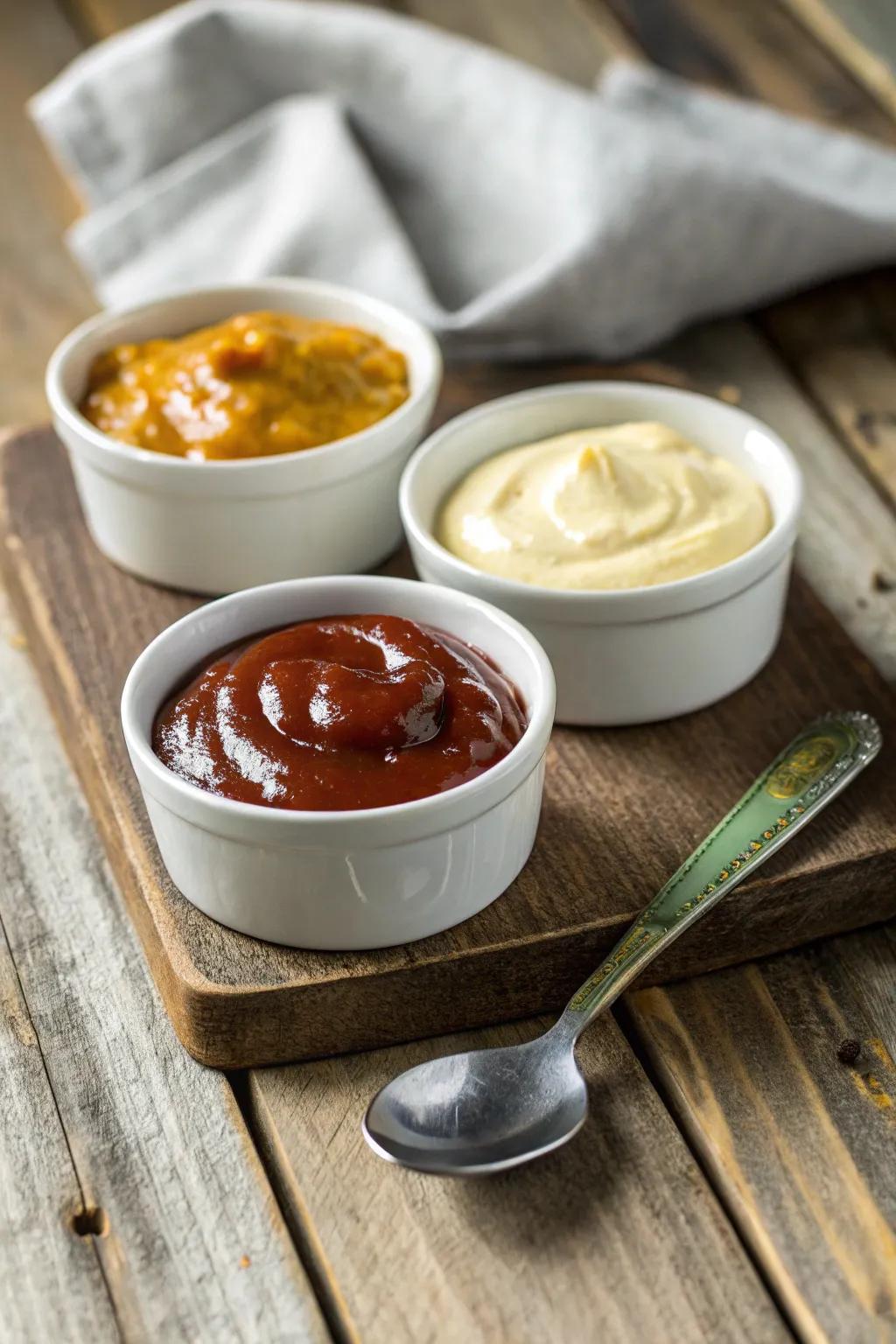A trio of sauces for tailored flavor enhancement.