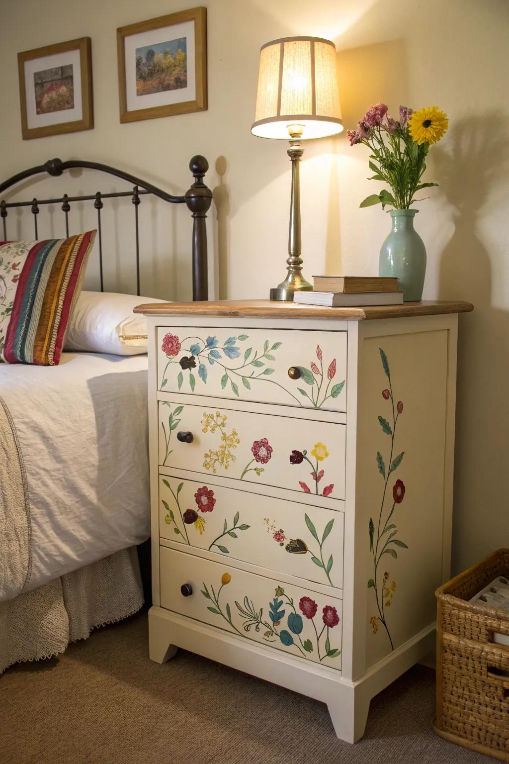 Upcycled furniture introduces charm to a budget-friendly bedroom.