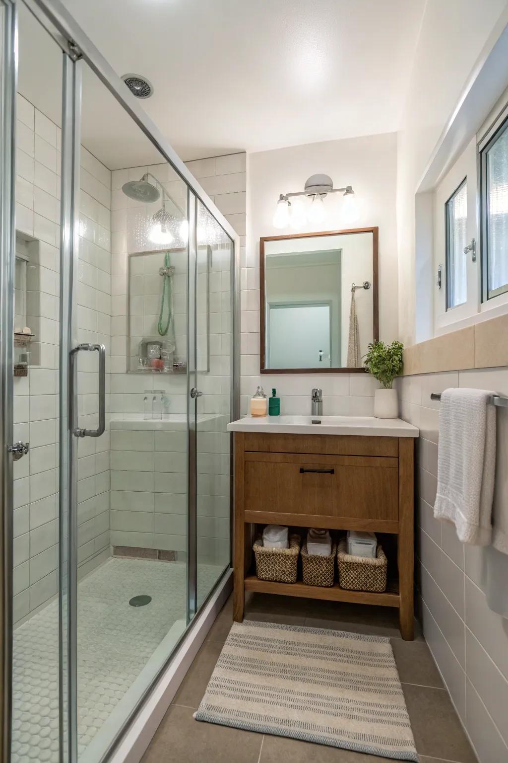 A walk-in shower with glass dividers creates openness in this small bathroom.