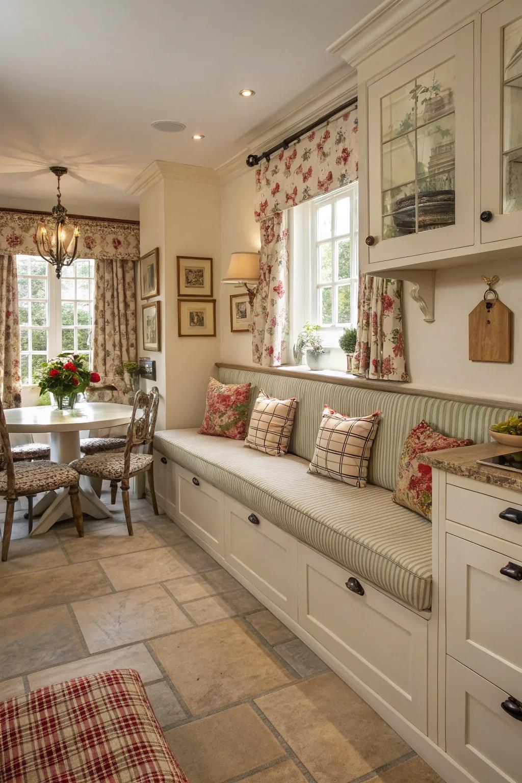 Retro vibes in a kitchen featuring delightful banquette seating.