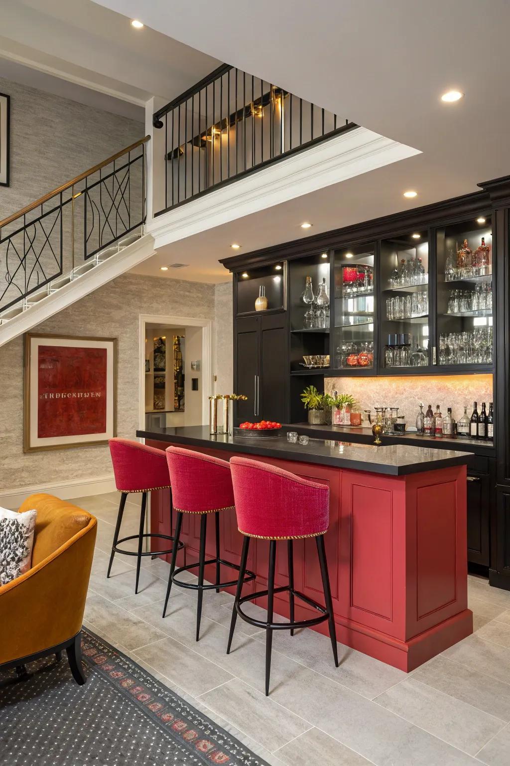 A striking shade selection transforms this bar into the room’s centerpiece.