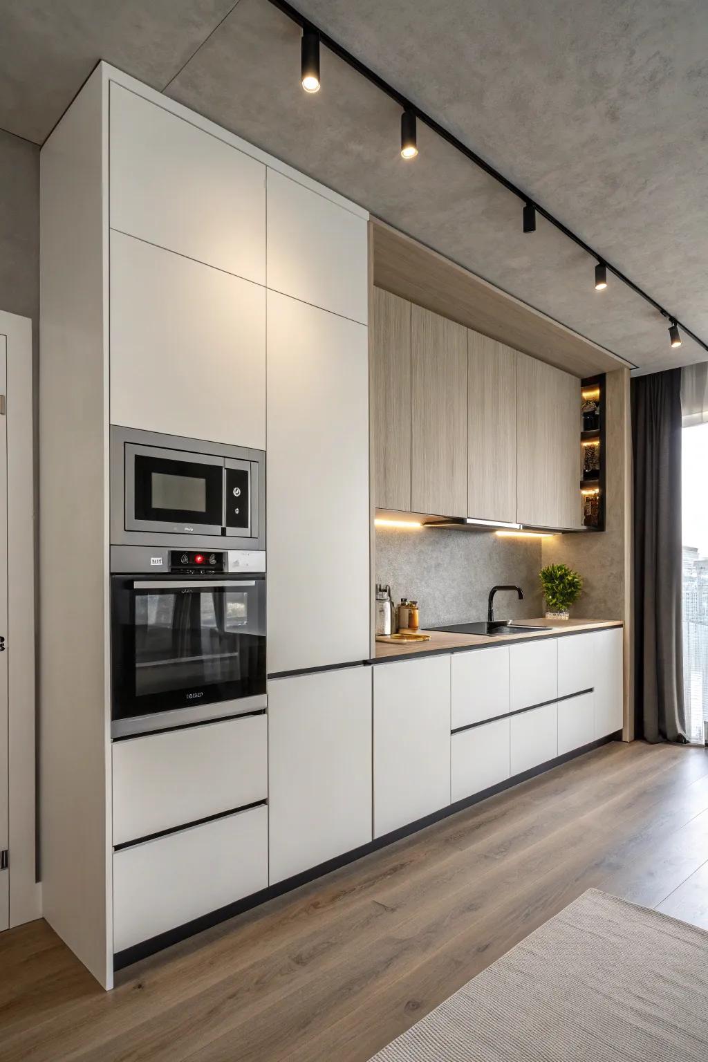 A minimalist kitchen showcasing a seamlessly integrated wave oven.