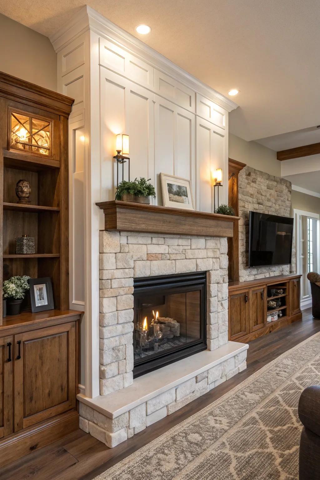 A mixture of styles changes the fireplace into a unique point of focus.