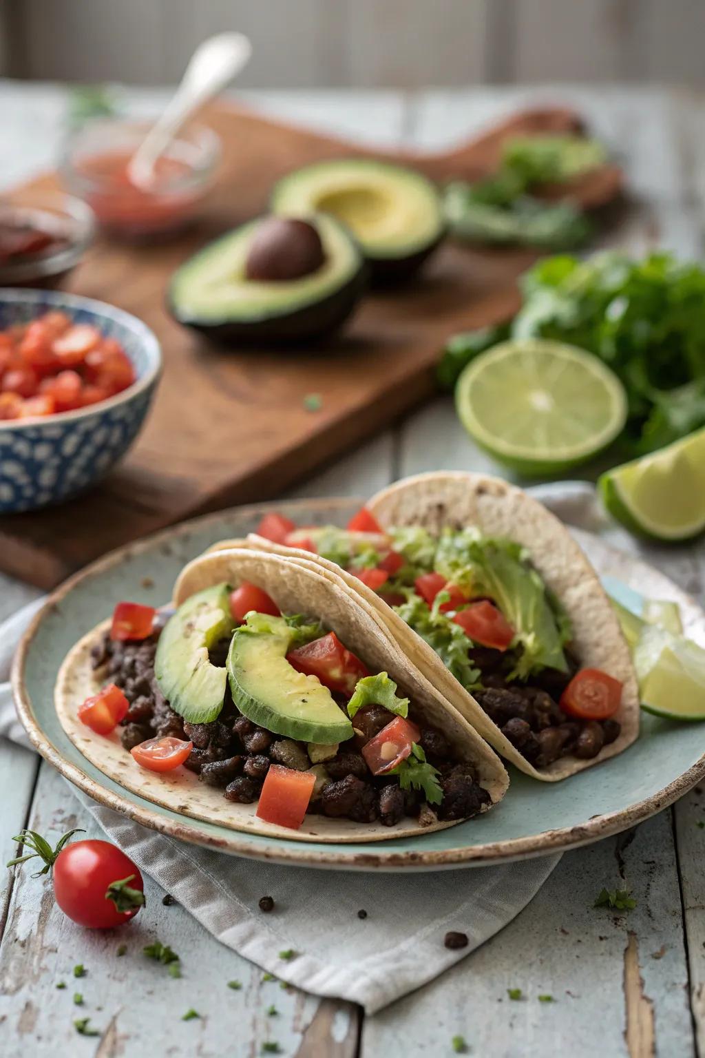 Spicy black bean tacos, packed with flavor and quick to prepare.