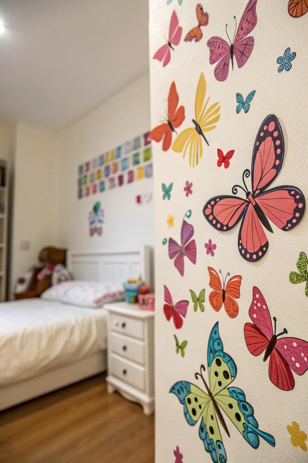Craft a whimsical setting using butterfly wall appliques.