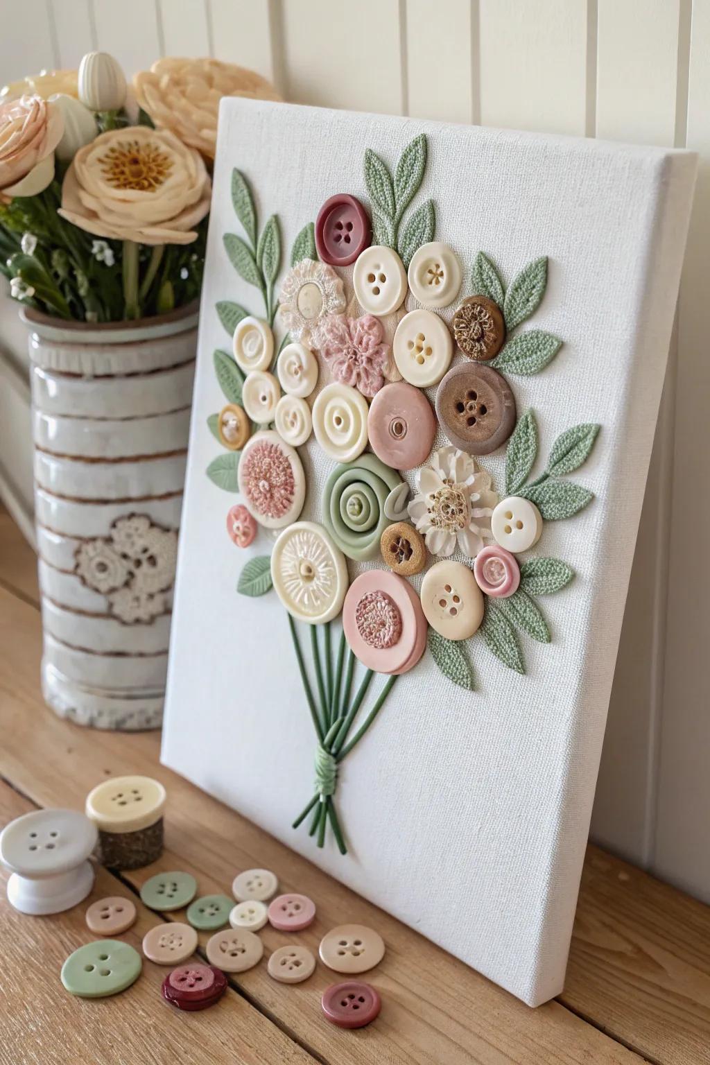 Transform heirloom buttons into a stunning vintage bouquet centerpiece.