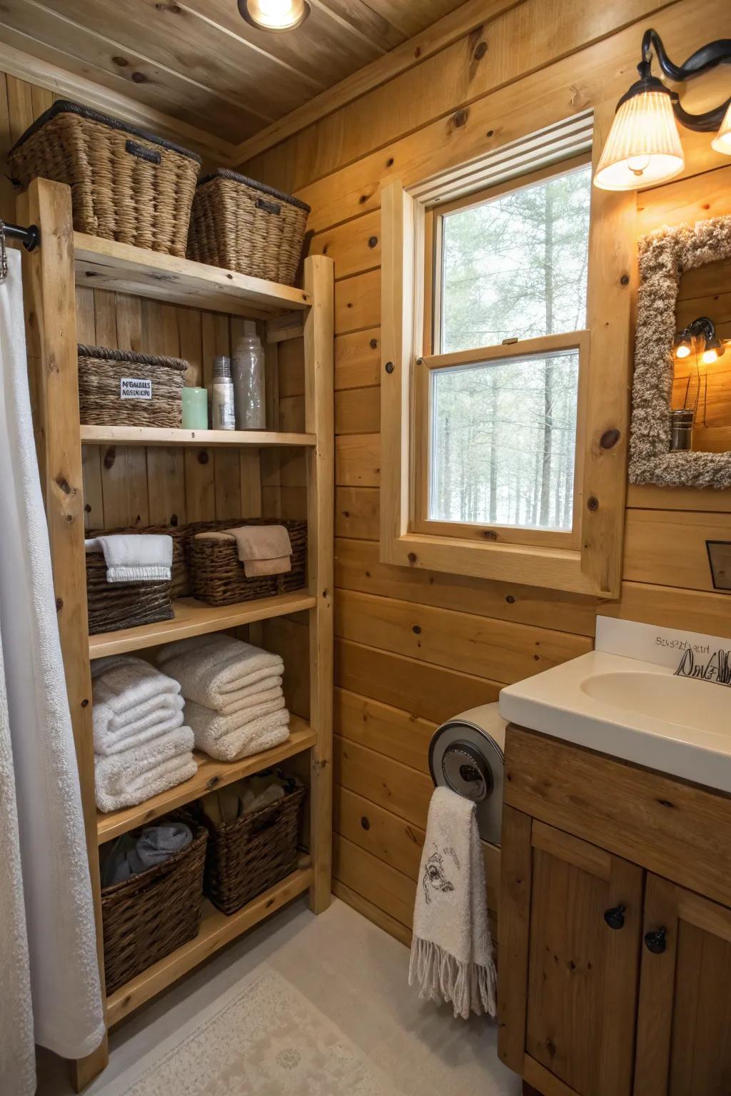 A cabin bathroom displaying handy design with wooden shelves.
