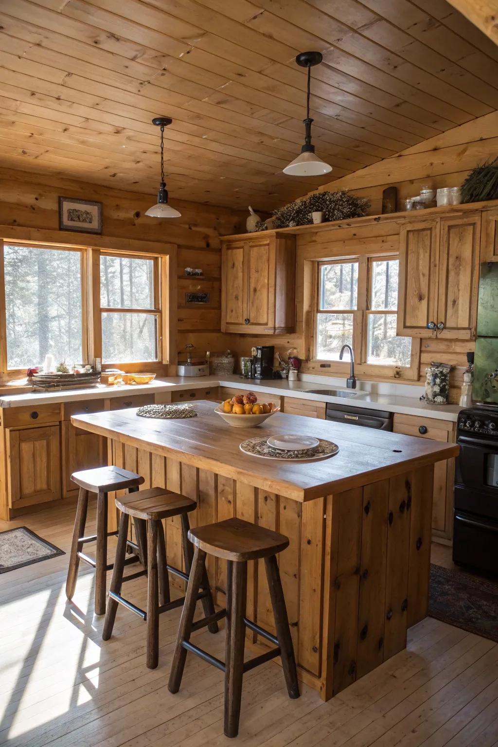 An interlinked dining spot elevates the communal facet of a cabin kitchen.