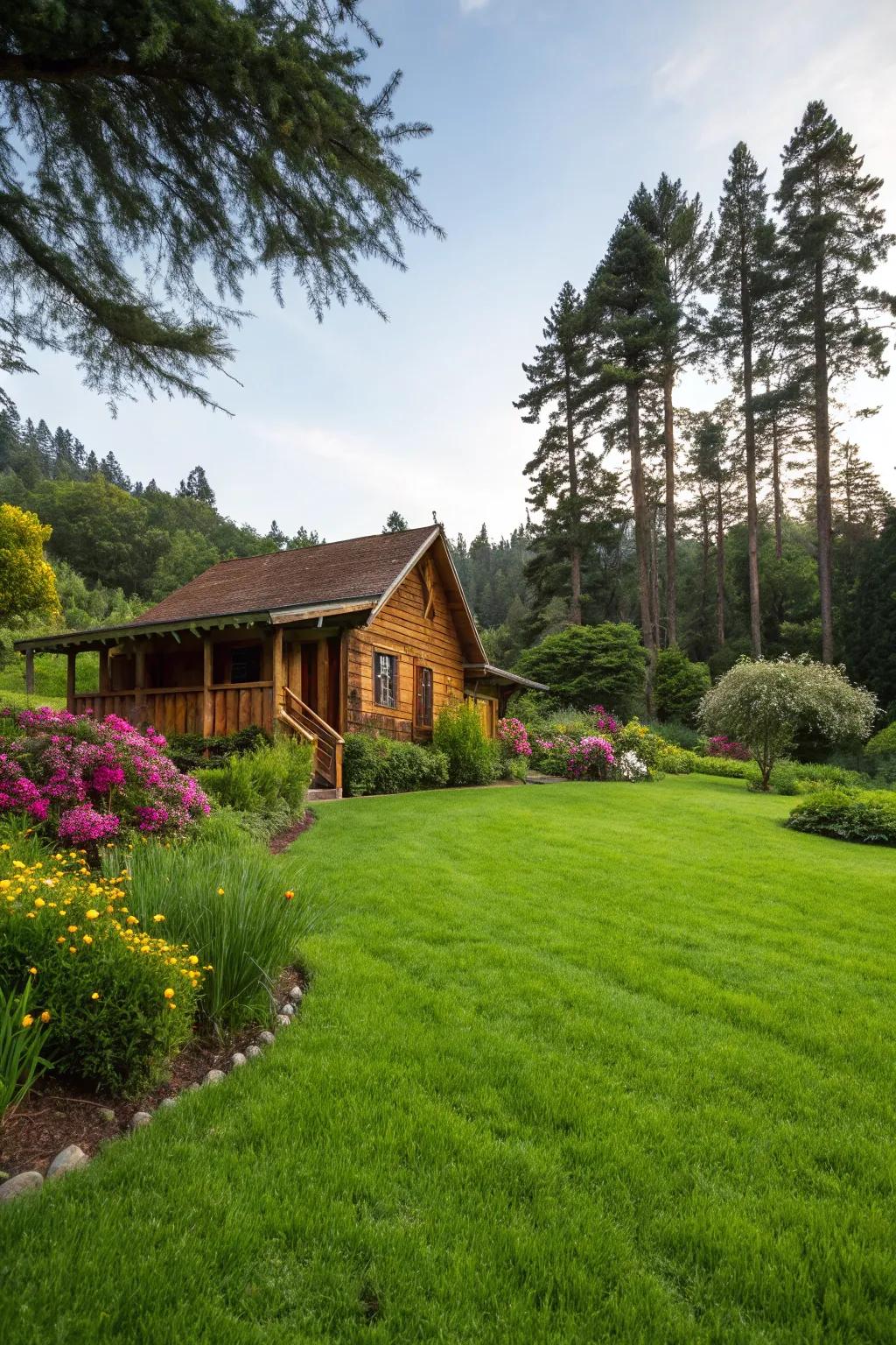 A lush green lawn provides a fresh, inviting space.