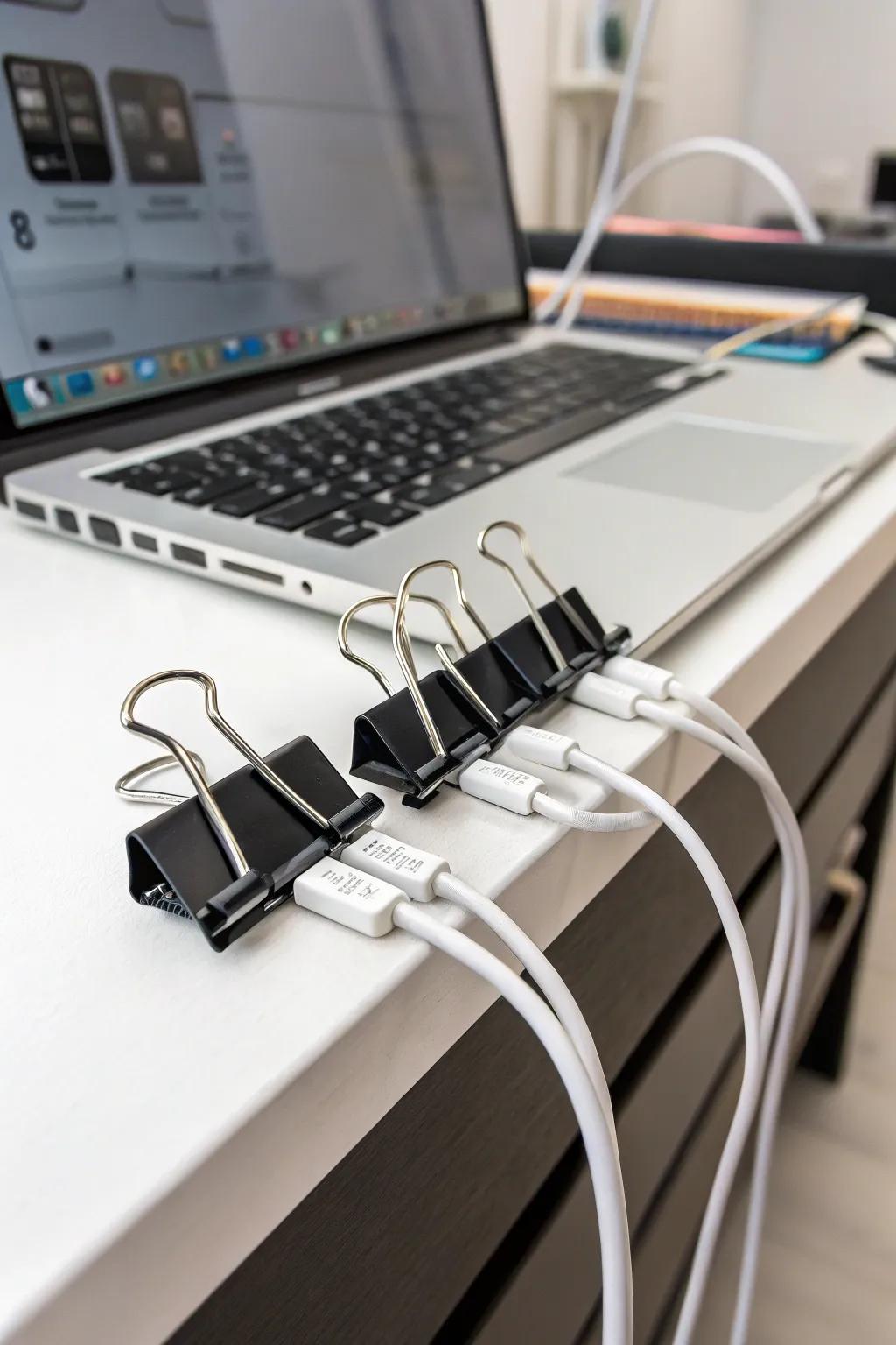 Office clips maintaining organized wires on a desk.