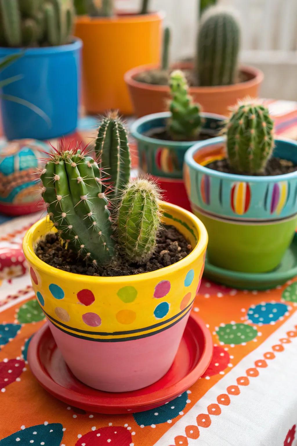 Vibrant ceramic pots add a playful touch to cactus displays.