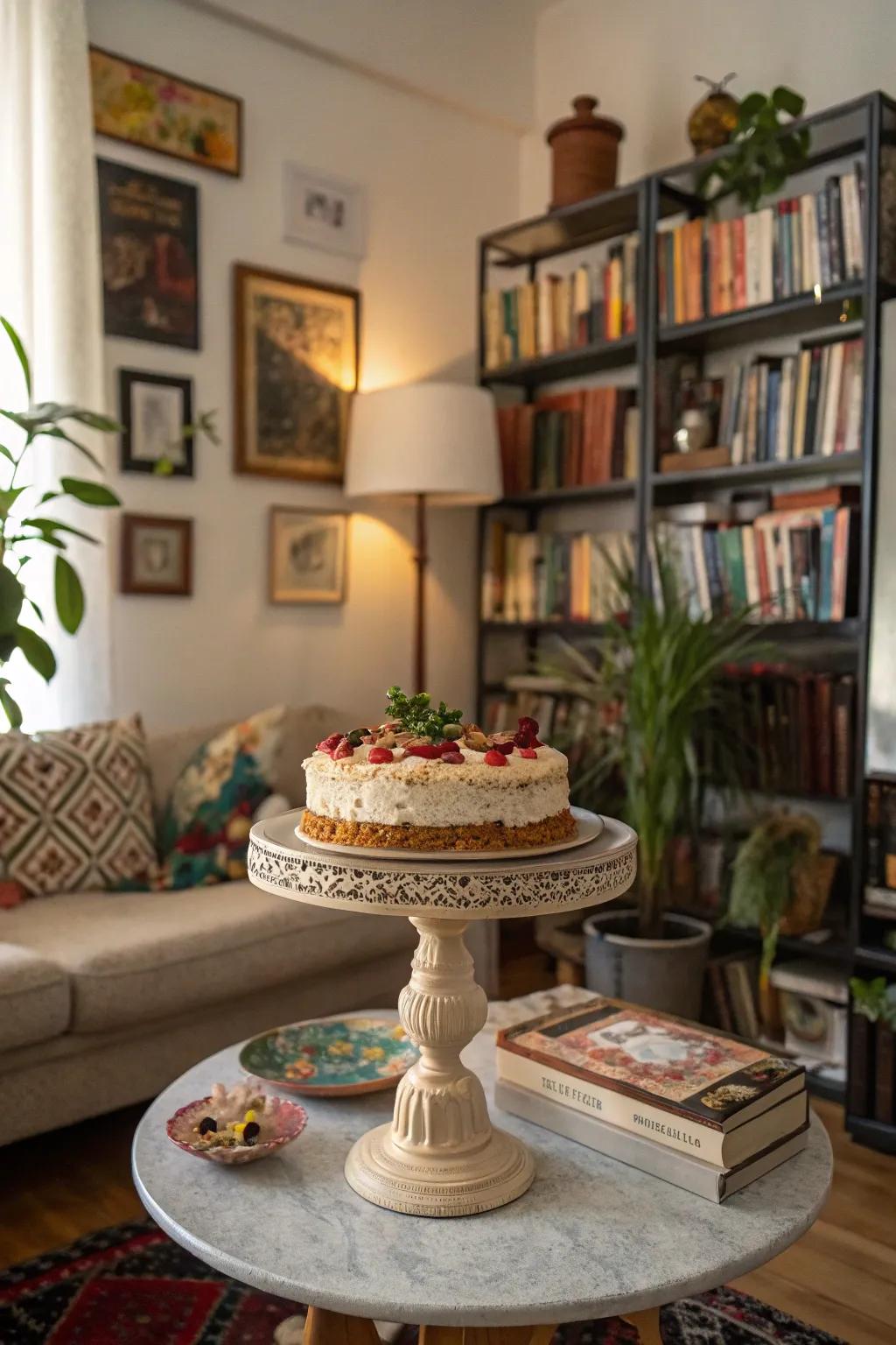 Your decor gains depth and interest from an eclectic cake stand arrangement.
