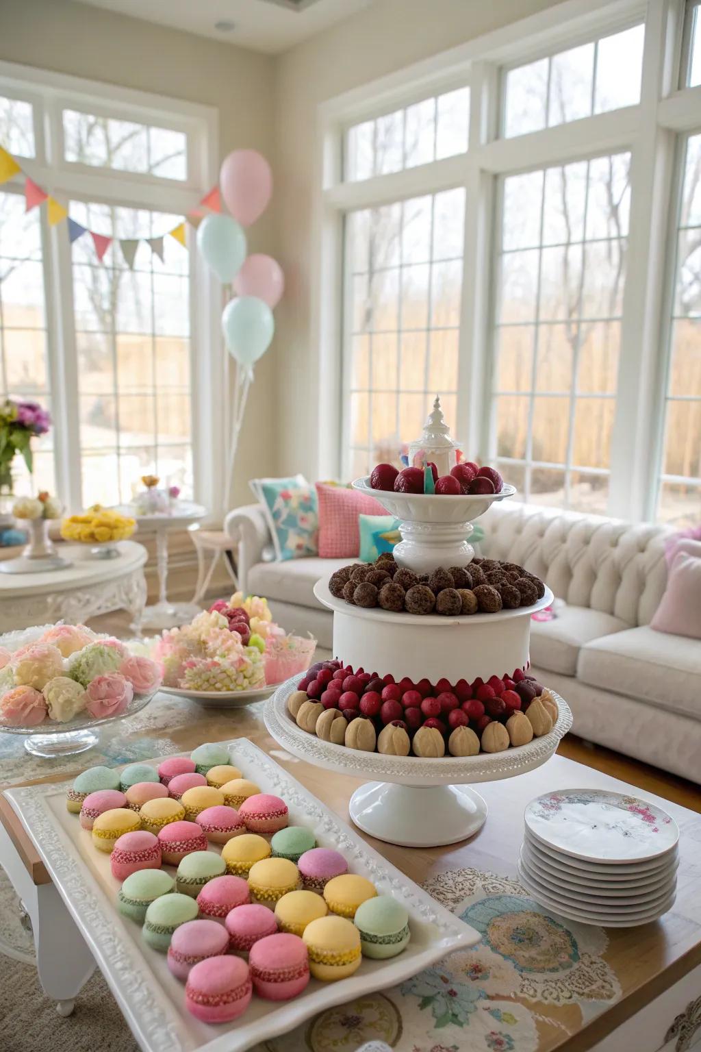 A cake table featuring an array of additional desserts, forming a delightful visual feast.