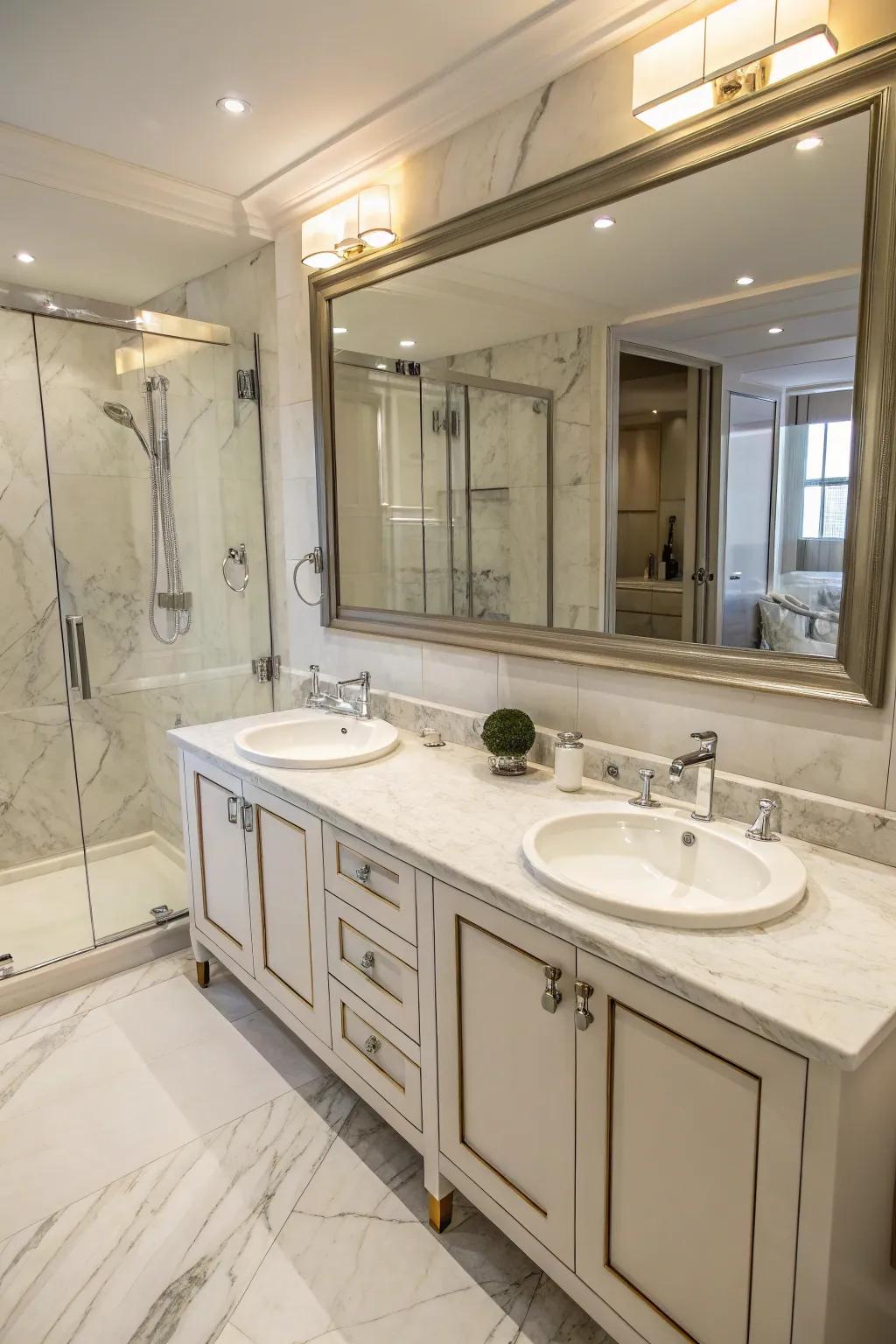 A practical and gorgeous dual dressing table boasting Luminous Stone worktops.
