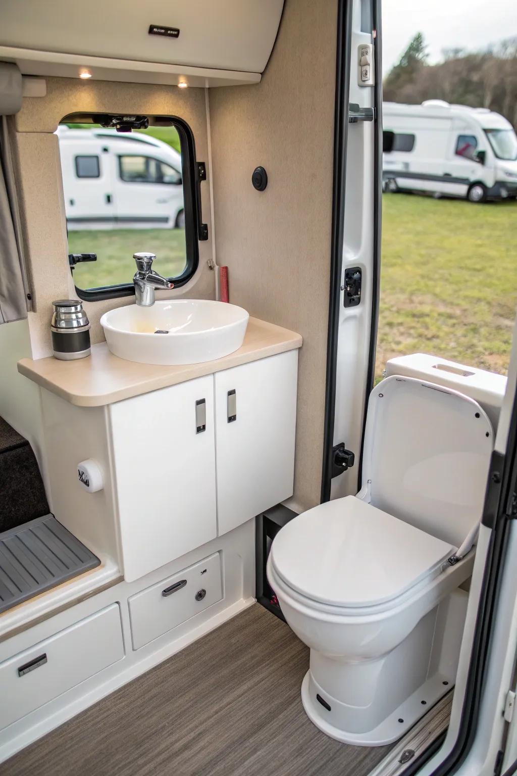 A polished and minimalist camper van bathroom design.