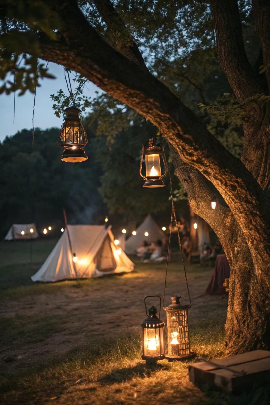 Illuminate your campsite with ornamental lamps for a timeless effect.