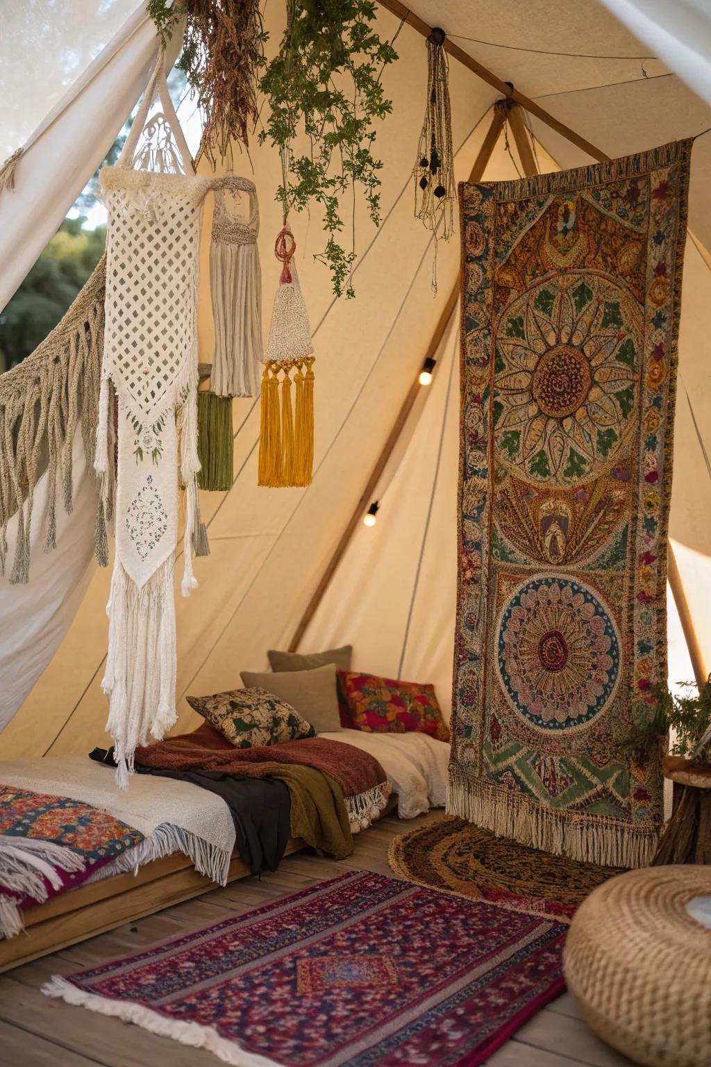 Incorporate boho details for a vibrant and unique tent interior.