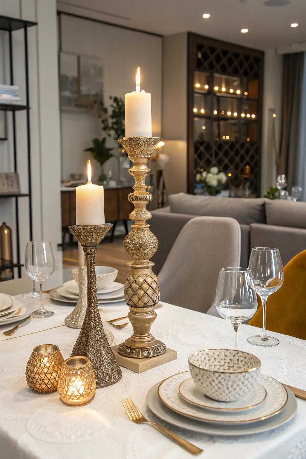 Decorative light stands act as a center attraction on any table.