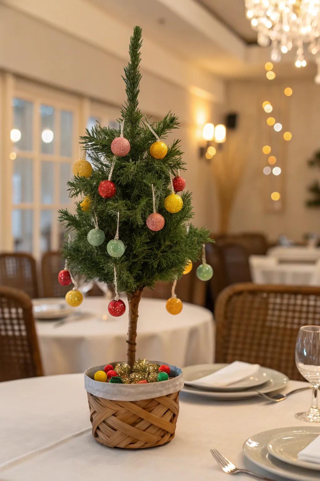 A sweet display decorated with hanging candies creates a whimsical look.