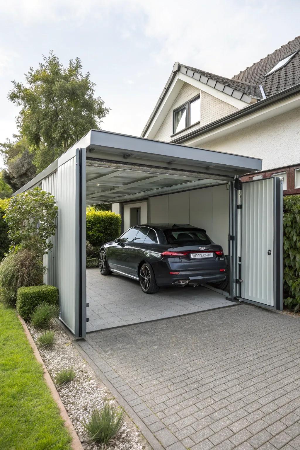 A carport showcasing bi-fold doors for a space-saving and effective design.