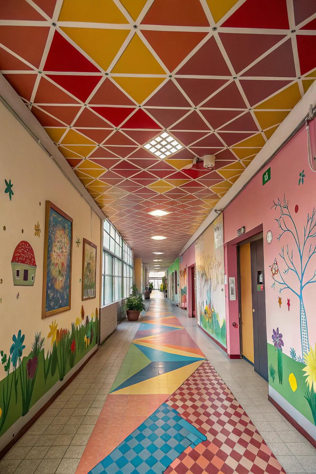 Introduce playful patterns through geometric ceiling treatments.