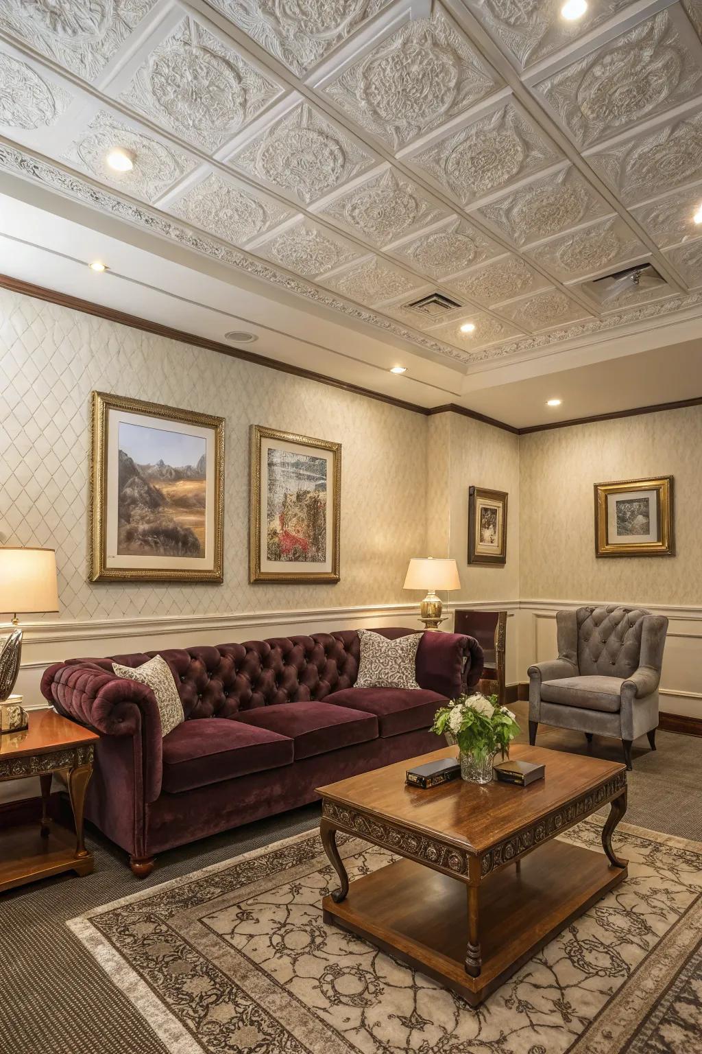 A room detailed with textured ceiling embellishments, imparting sophistication.