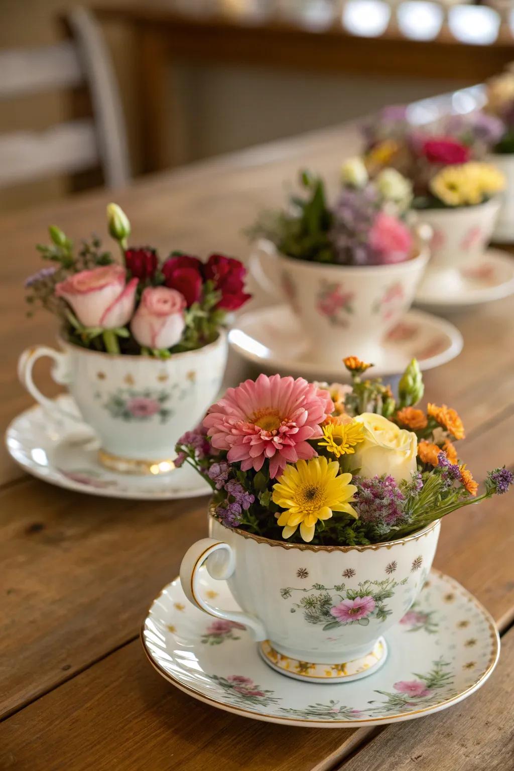 Classic drink vessels brimming with delicate flowers.