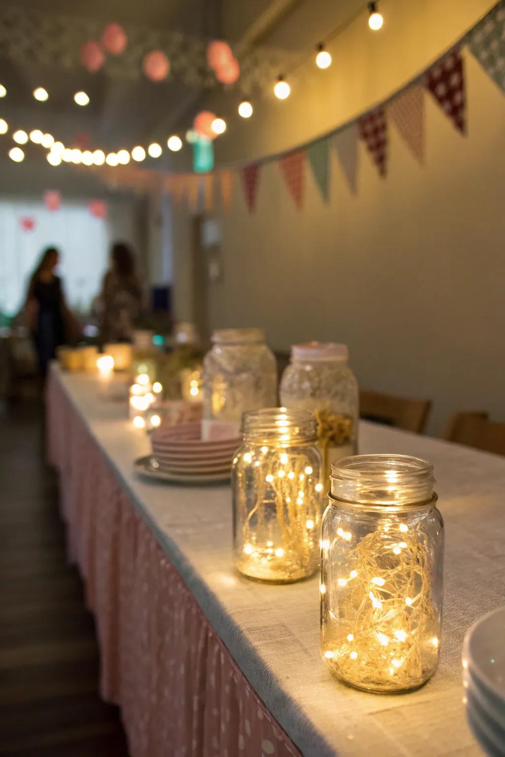 Fairy lights in glass containers produce a captivating ambiance.