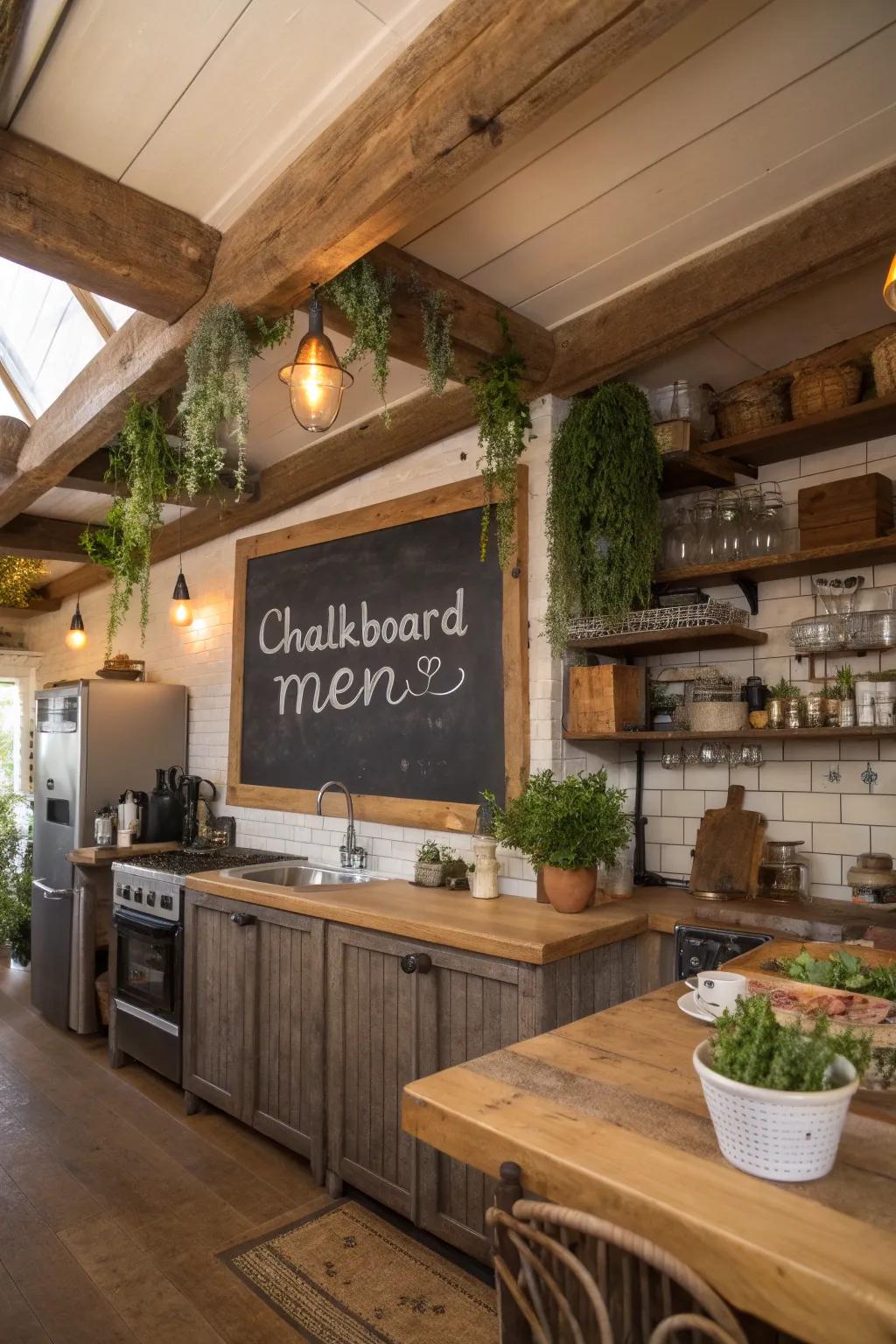 A down-to-earth kitchen setting where a chalkboard menu enhances the cozy atmosphere.